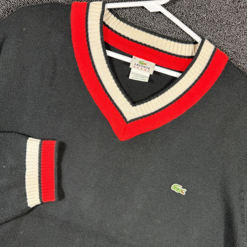 VTG 90s Lacoste Sport Men XL 6 V-Neck Sweater Black Red White Stripe Trim Cotton